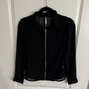Elegant Black Sheer Button Down Shirt with Embellished Trim